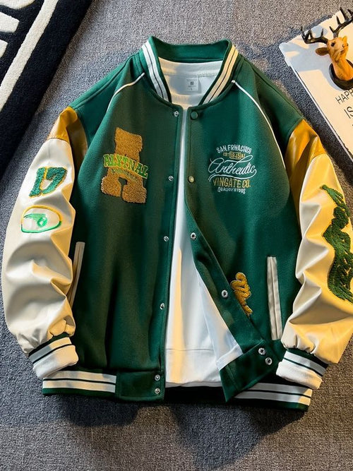 American Embroidered Leather Sleeve Jacket Men's Korean Style Trendyy Baseball Uniform Autum Casual Student Jacket