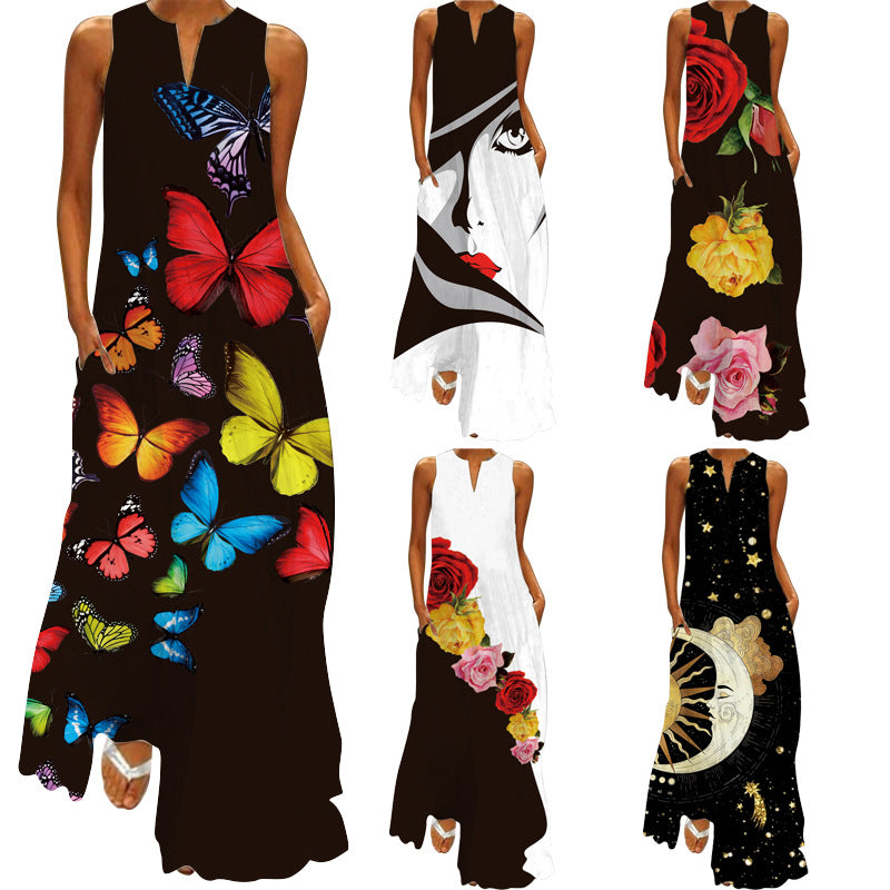 New European and American Spring and Summer Fashion Printed Sexy Pocketed Long Dress