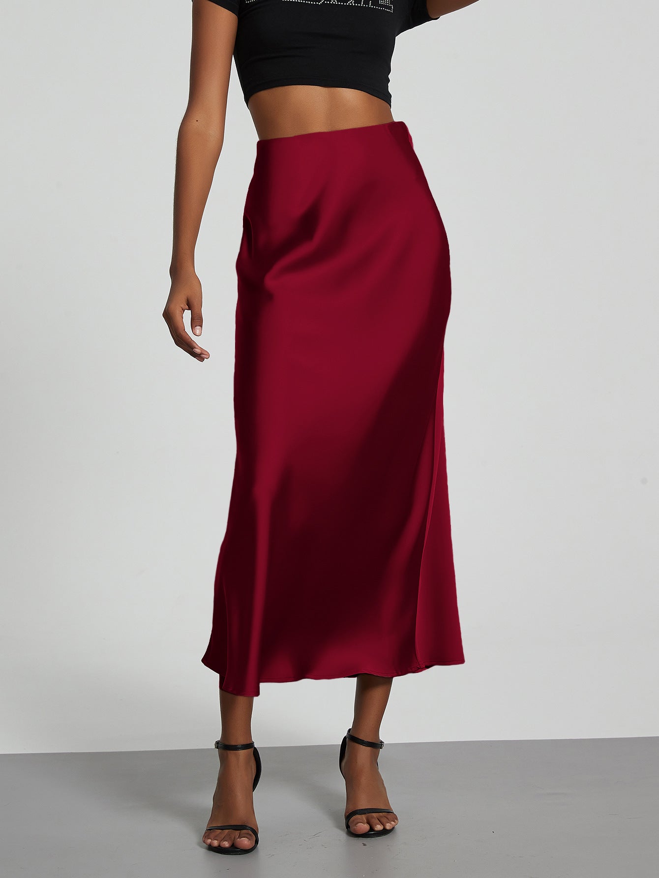 American Style Elegant Satin Midi Skirt Slimming and Flowy