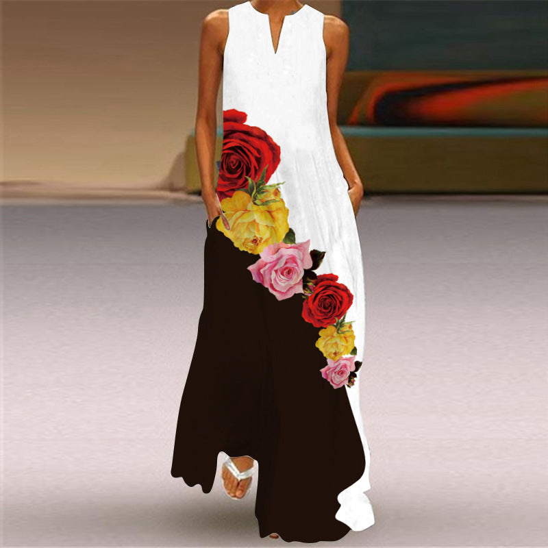 New European and American Spring and Summer Fashion Printed Sexy Pocketed Long Dress