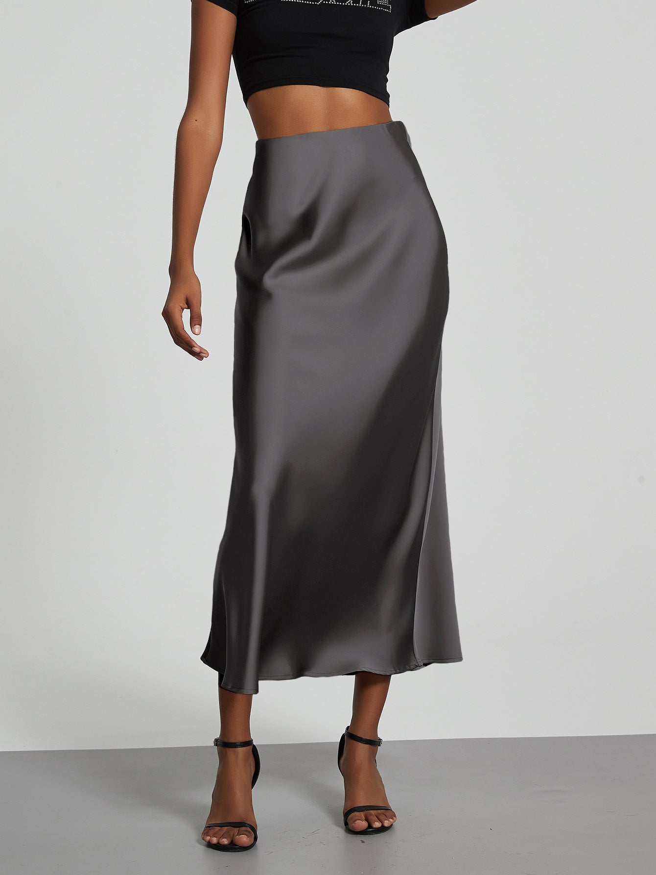 American Style Elegant Satin Midi Skirt Slimming and Flowy