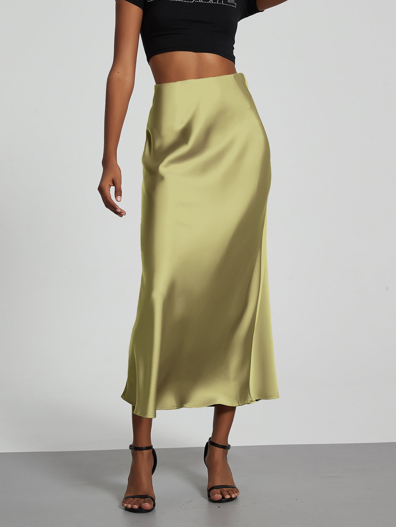 American Style Elegant Satin Midi Skirt Slimming and Flowy