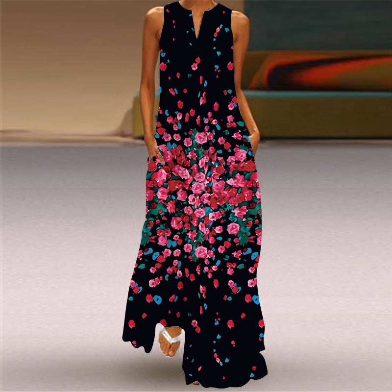New European and American Spring and Summer Fashion Printed Sexy Pocketed Long Dress