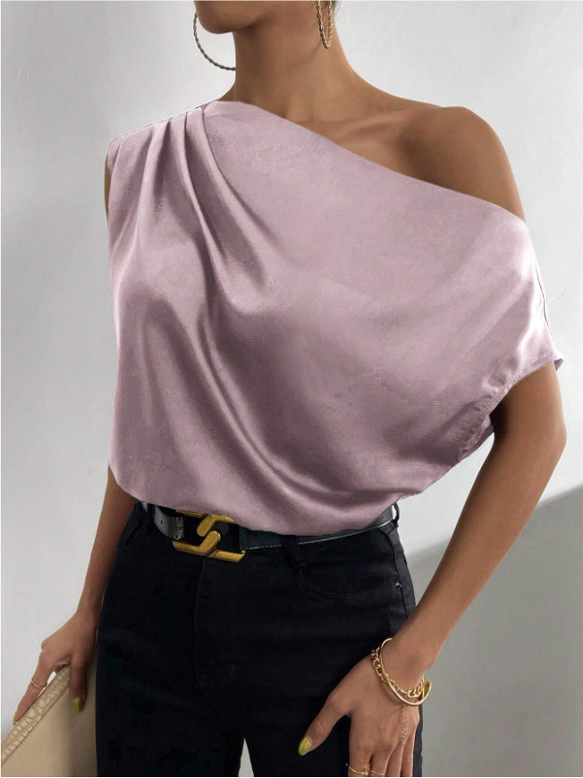 Spring Solid Color Satin Imitation Silk Irregular Off-Shoulder One-Neck Pullover Sleeveless Shirt