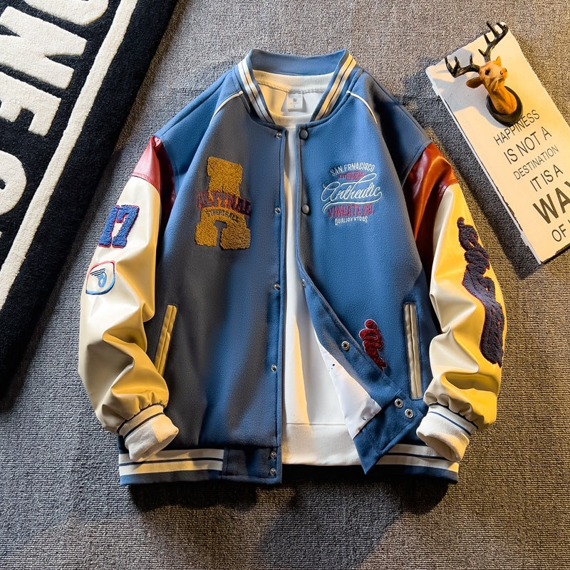 American Embroidered Leather Sleeve Jacket Men's Korean Style Trendyy Baseball Uniform Autum Casual Student Jacket
