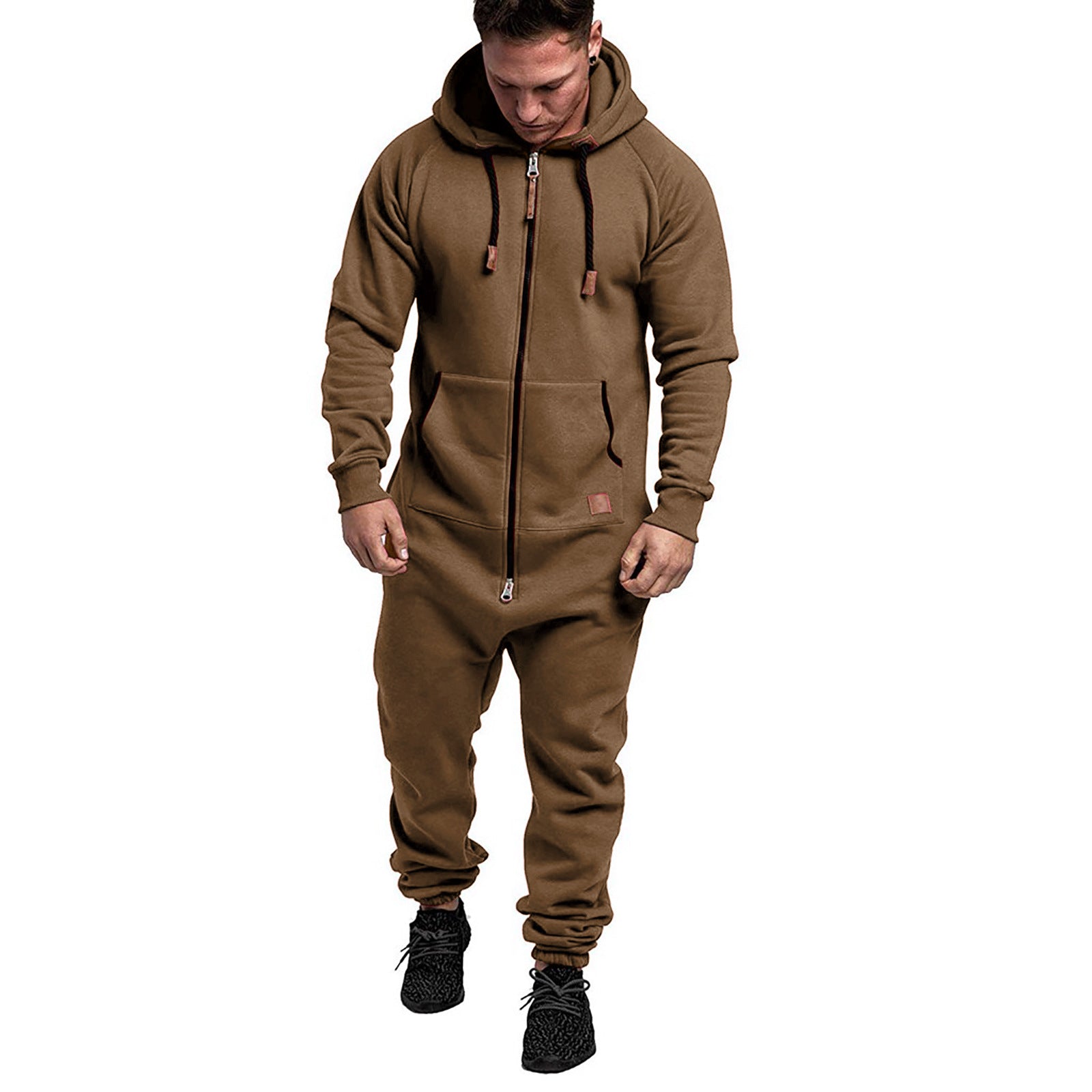 New Foreign Trade Men's Hooded Fleece Jumpsuit Solid Color Casual Men's Suit Jumpsuit