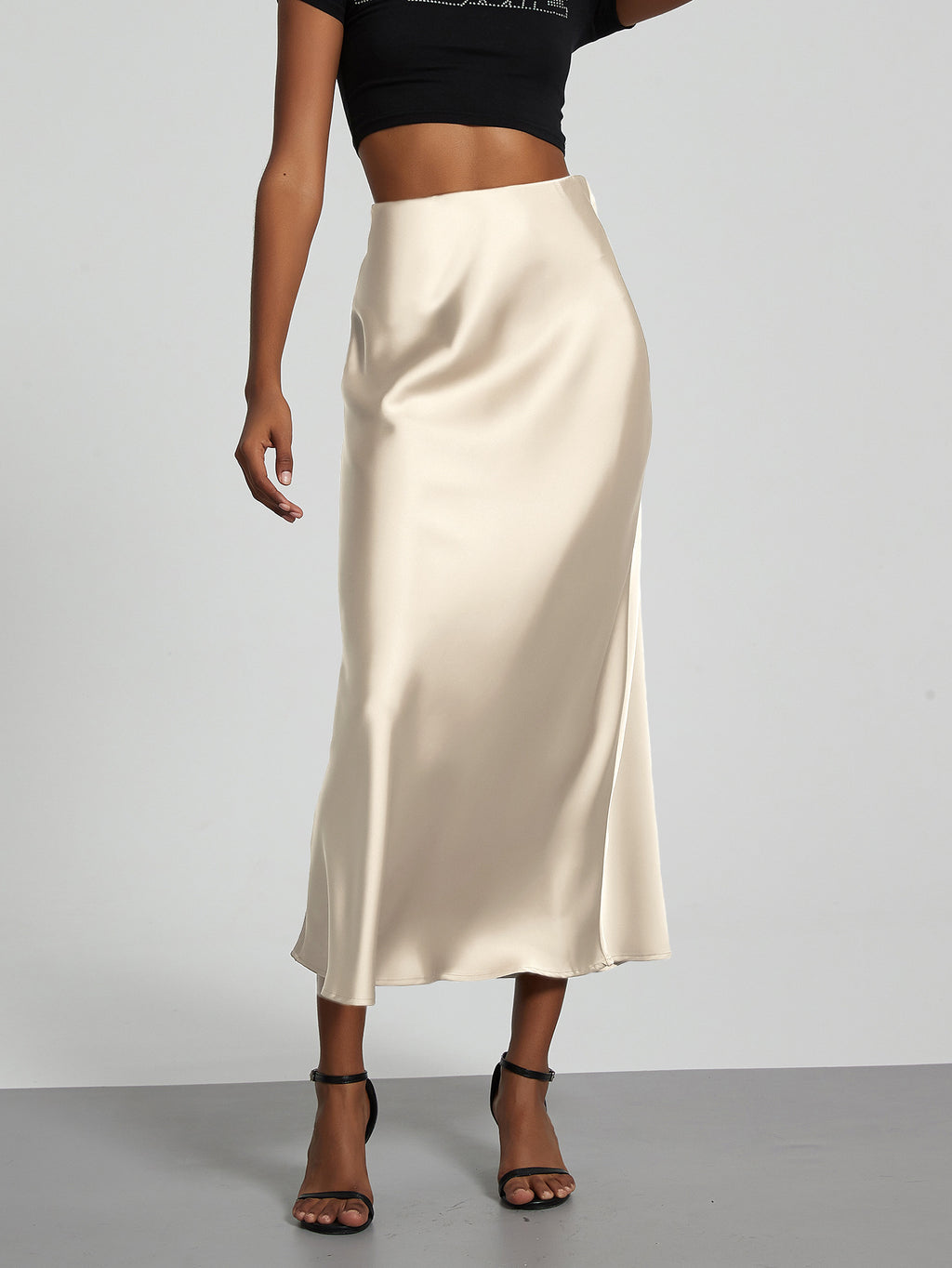 American Style Elegant Satin Midi Skirt Slimming and Flowy