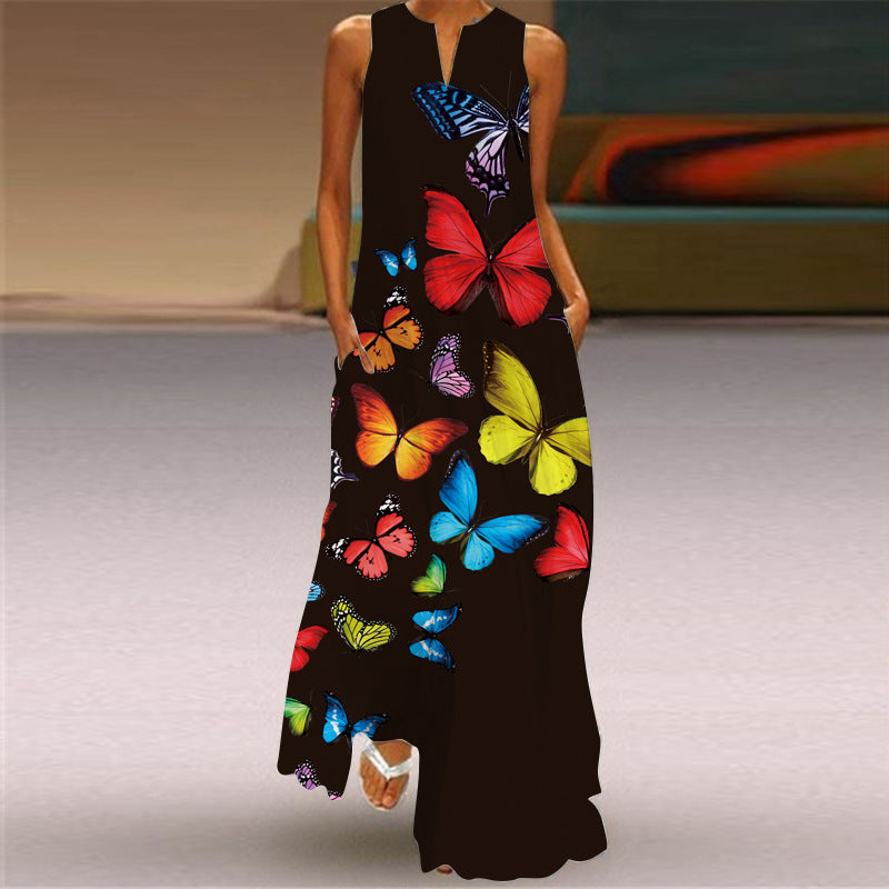 New European and American Spring and Summer Fashion Printed Sexy Pocketed Long Dress