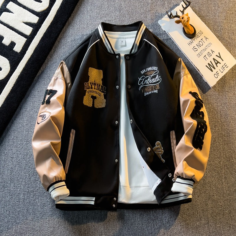 American Embroidered Leather Sleeve Jacket Men's Korean Style Trendyy Baseball Uniform Autum Casual Student Jacket