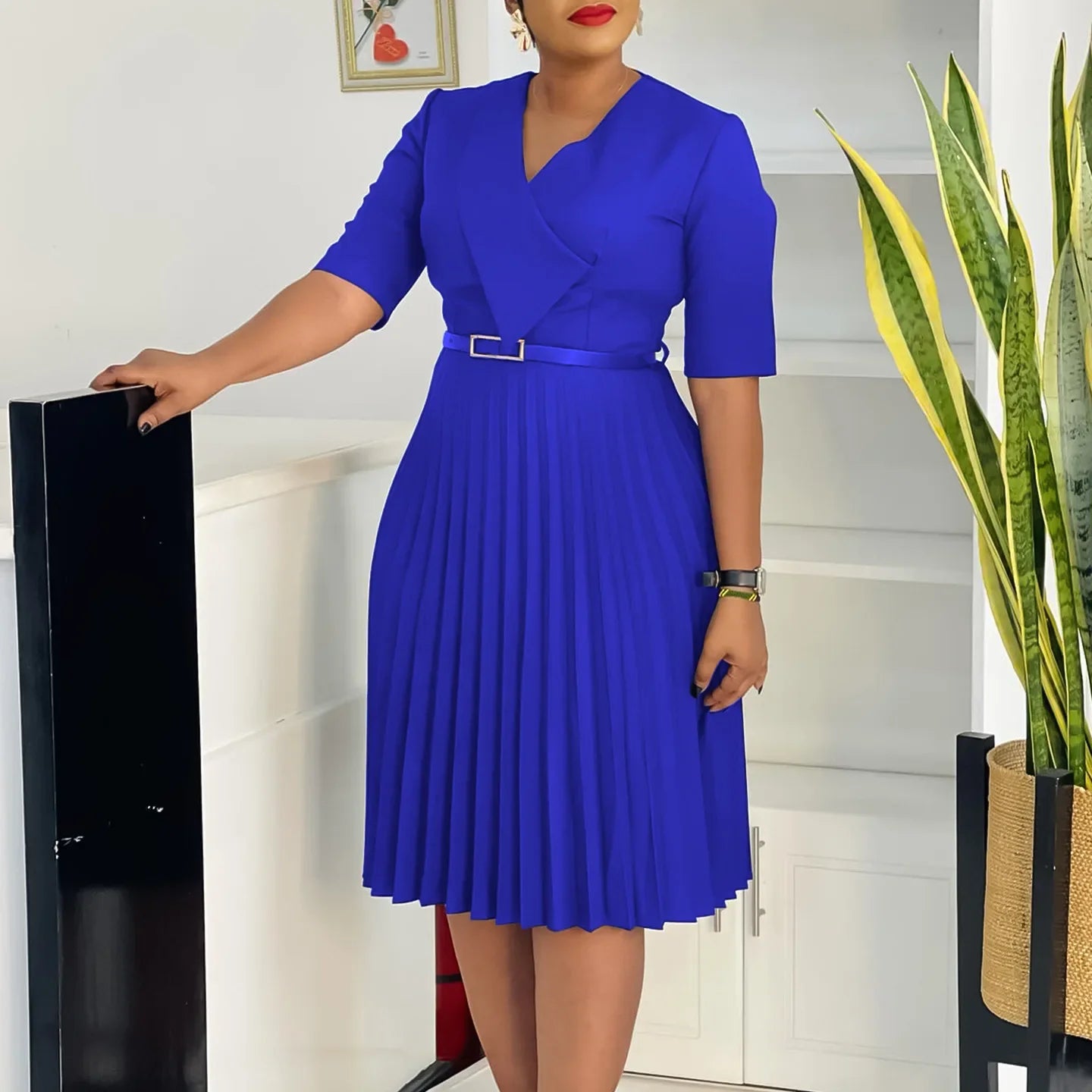 New Fashion V Neck Solid Color Pleated African Maxi Dress