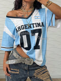 Women Sports stripe Argentina No.7  Print Short Sleeve v-Neck Women's