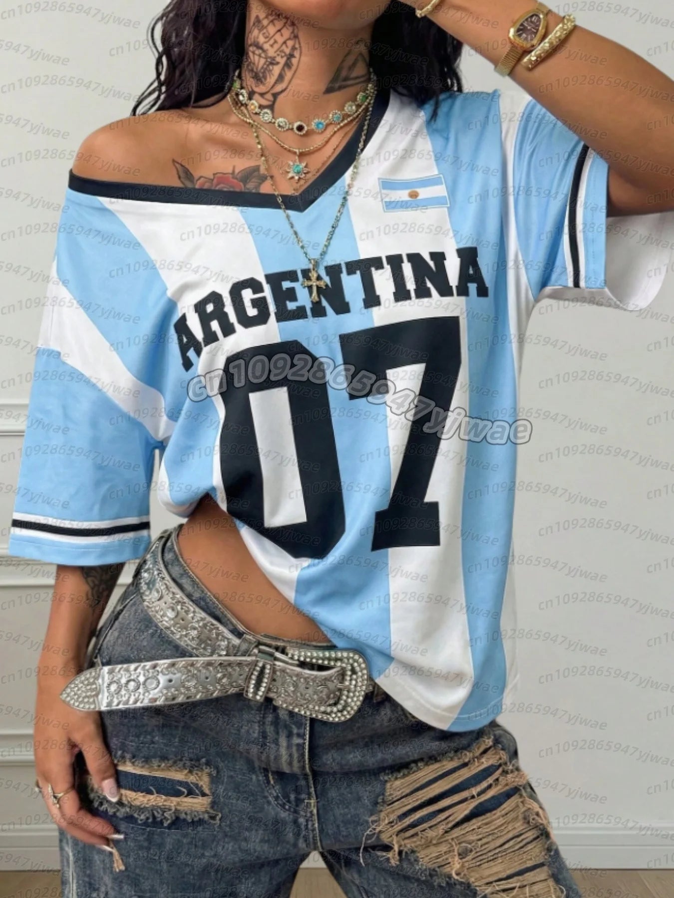 Women Sports stripe Argentina No.7  Print Short Sleeve v-Neck Women's