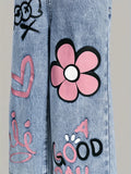 Girls' floral, heart-shaped, rainbow graffiti pattern casual and comfortable