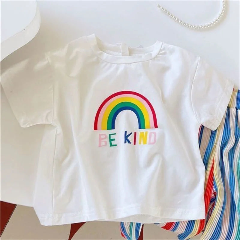 Baby Girls Tops Sets Kids Short-Sleeved Top Striped Trousers 2 Pieces Summer Rainbow