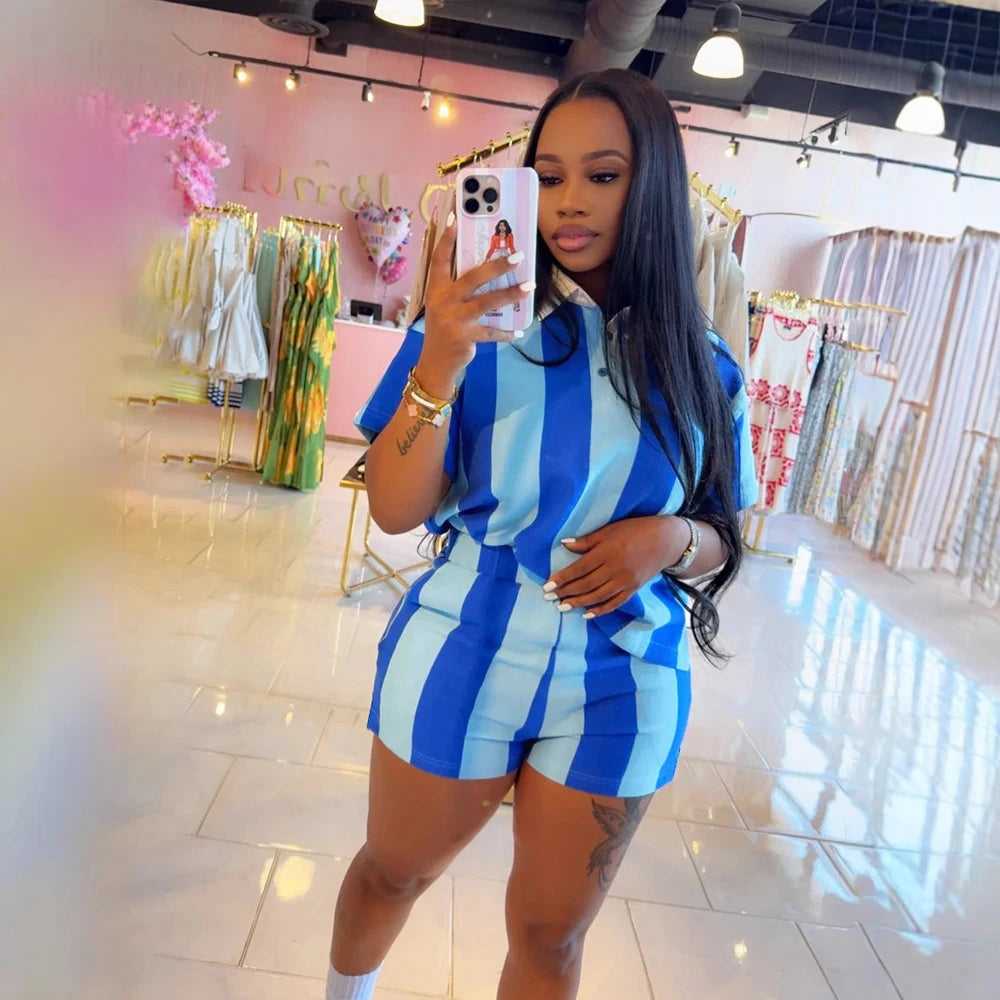 Women's Clothing Fashion Striped Sets Long Sleeve Polo-Neck T Shirt and Shorts