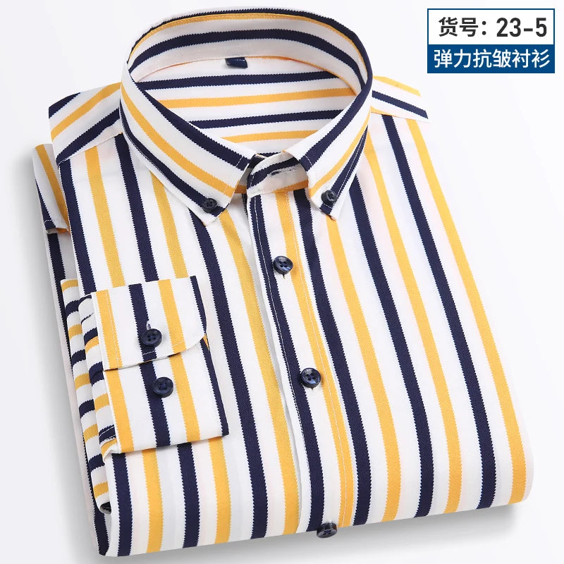 2024 Spring New Stretch Long Sleeve Shirt Men's Striped Korean Slim Shirt Business Casual No-Iron Comfortable Men's Clothing