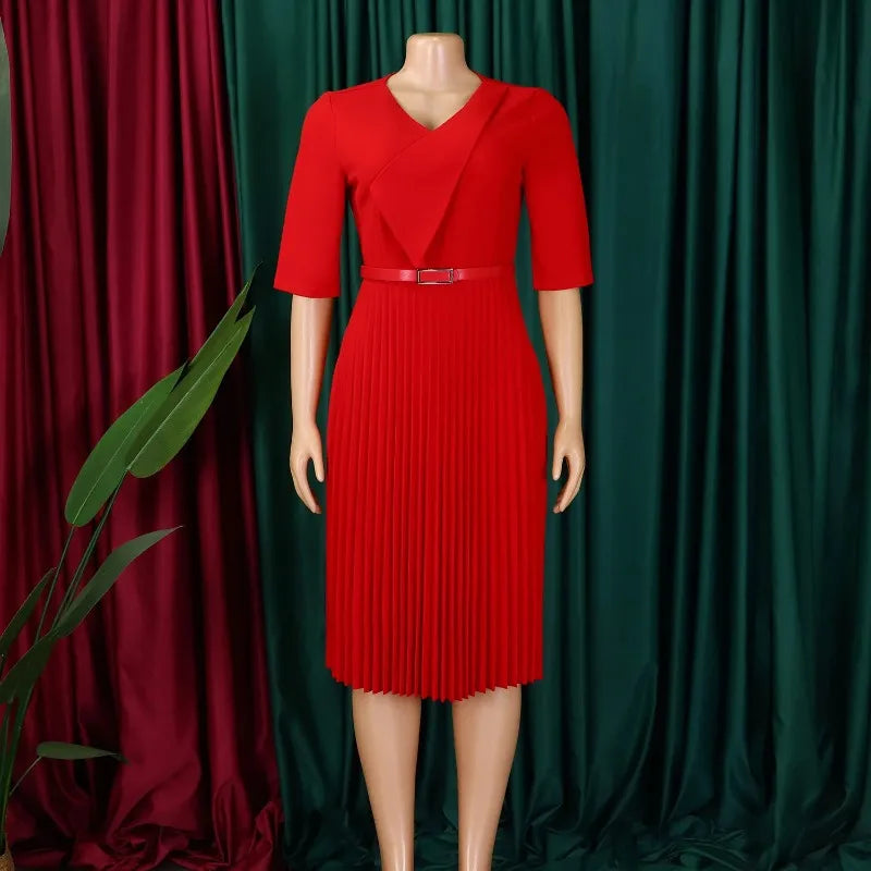 New Fashion V Neck Solid Color Pleated African Maxi Dress