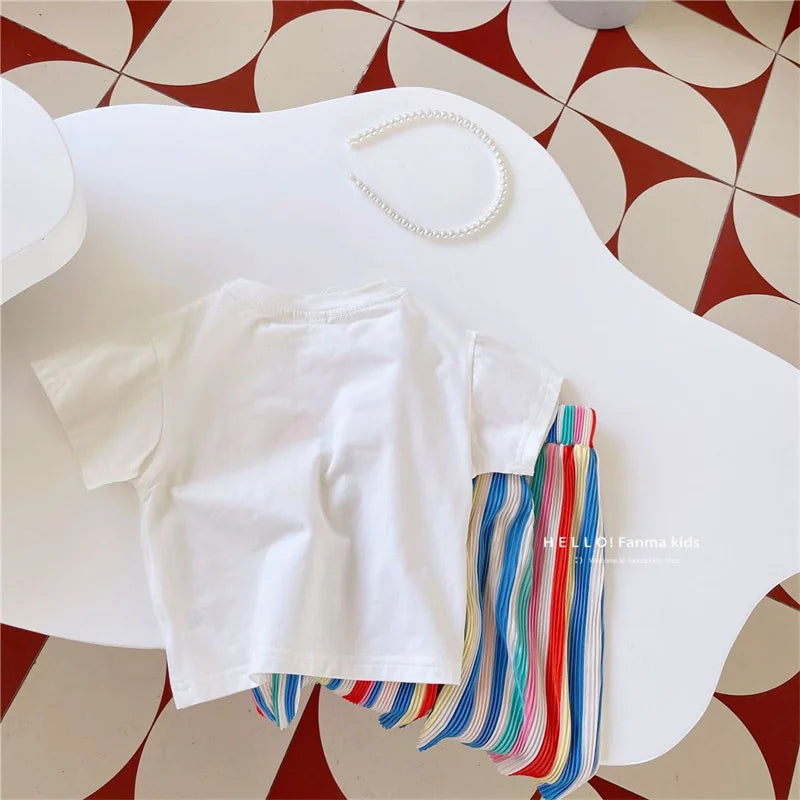 Baby Girls Tops Sets Kids Short-Sleeved Top Striped Trousers 2 Pieces Summer Rainbow