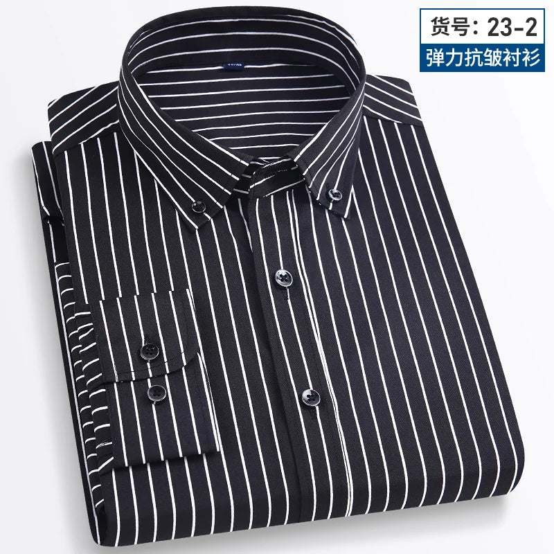 2024 Spring New Stretch Long Sleeve Shirt Men's Striped Korean Slim Shirt Business Casual No-Iron Comfortable Men's Clothing