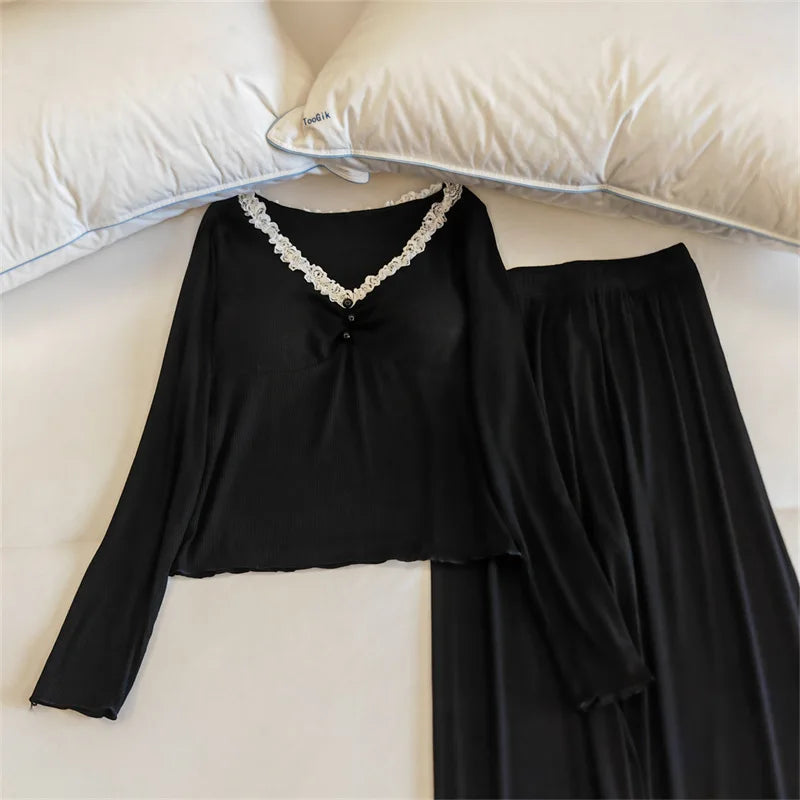 Modal Pajamas For Women Pants Sets Night Wear For Ladies Autumn Long Sleeve With Chest Cup Sleepwear Women's Home Suit