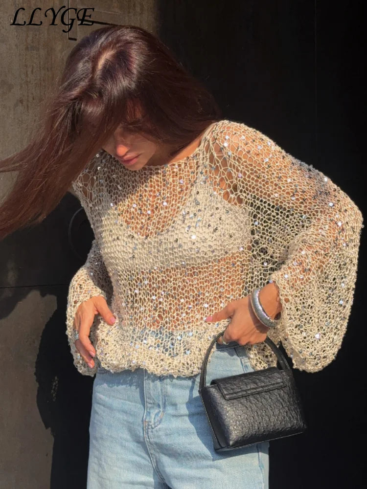 Fashion Women's Sequins Knit Hollow Out Pullovers Loose O-neck Long Sleeve Female Sweaters 2026 Spring Lady Shinny Chic Shirts