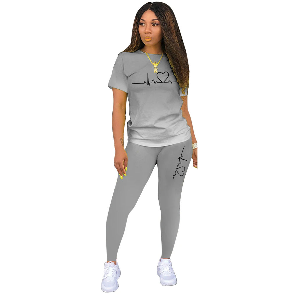 Summer Women Fashion Print Clothes T-shirt and Pants Suit