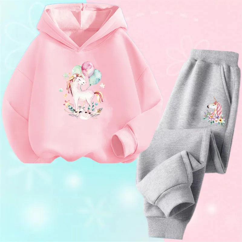 Girls Unicorn Sport Clothing Set Spring Fall Kids Fashion Tracksuit Hoody Sweatershirt Pants Outfit