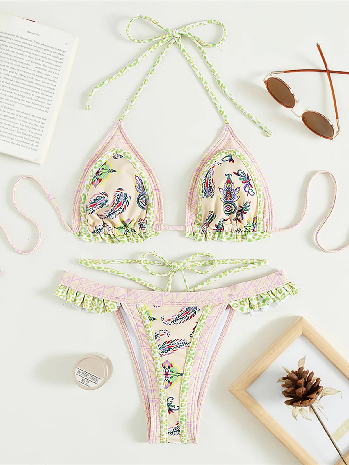 5 Colors Sexy Printed Halter Frilled Bikini Women Set