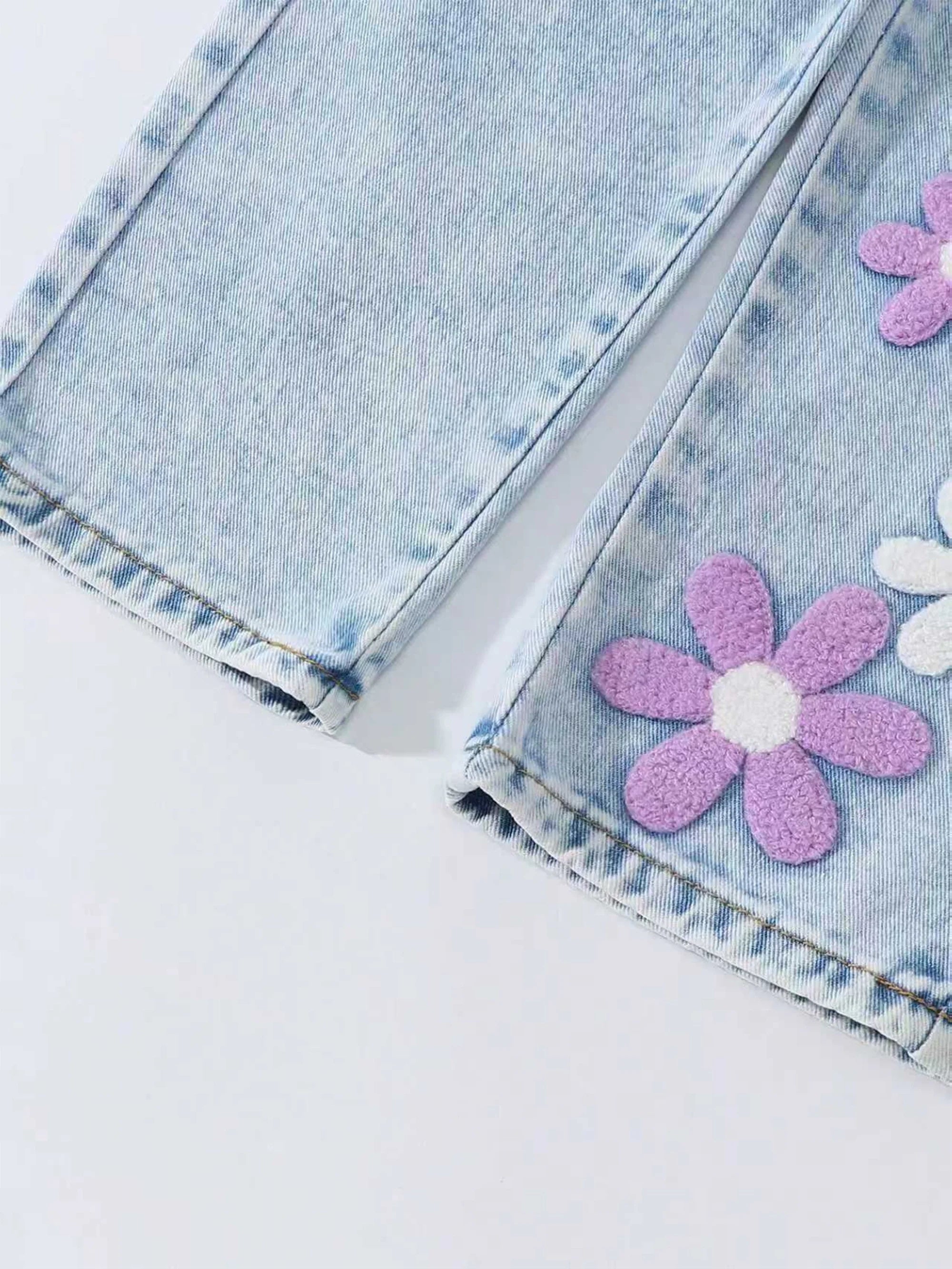 Girls' Floral-Printed Towel-Stitch Denim Jeans