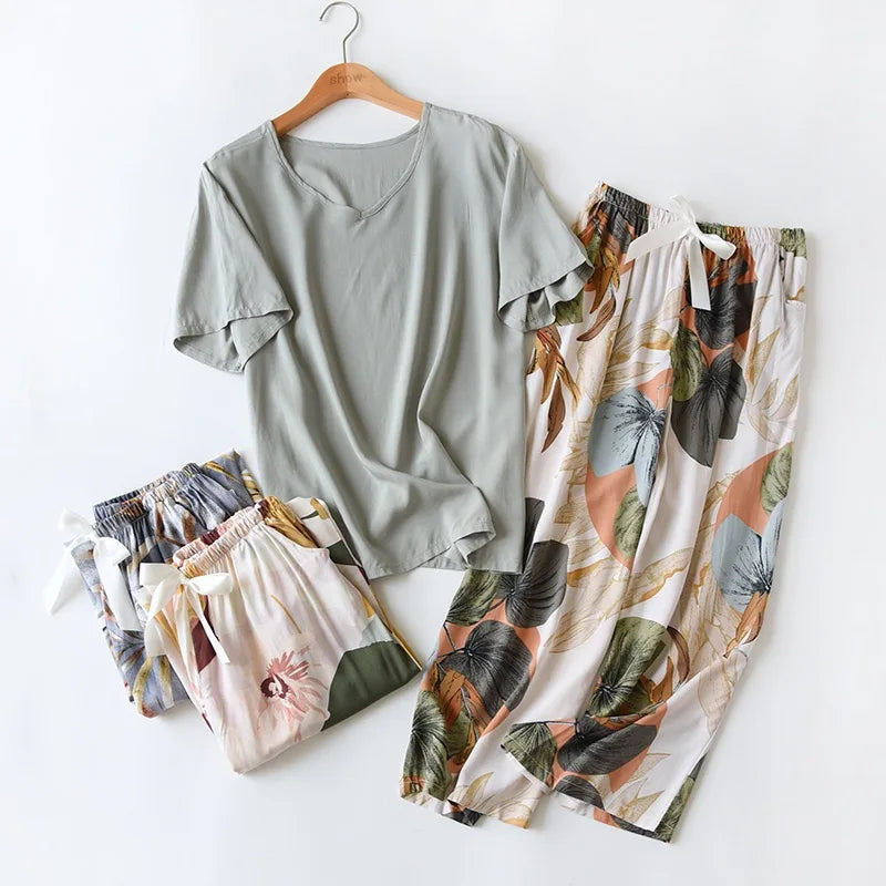 Summer Women's Pajamas Thin Section Short-Sleeved Floral Print