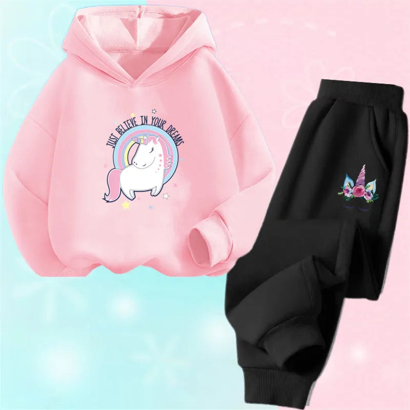 Girls Unicorn Sport Clothing Set Spring Fall Kids Fashion Tracksuit Hoody Sweatershirt Pants Outfit