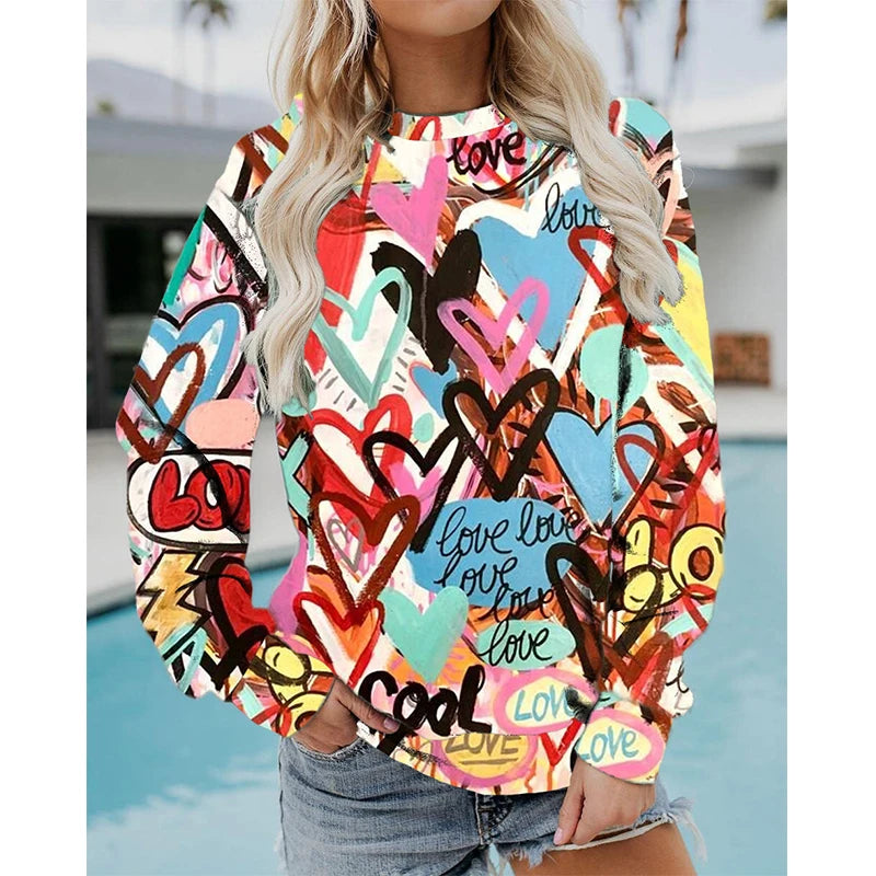 Colorful Heart Pattern Graffiti Art Love 3D Print Sweatshirts Women