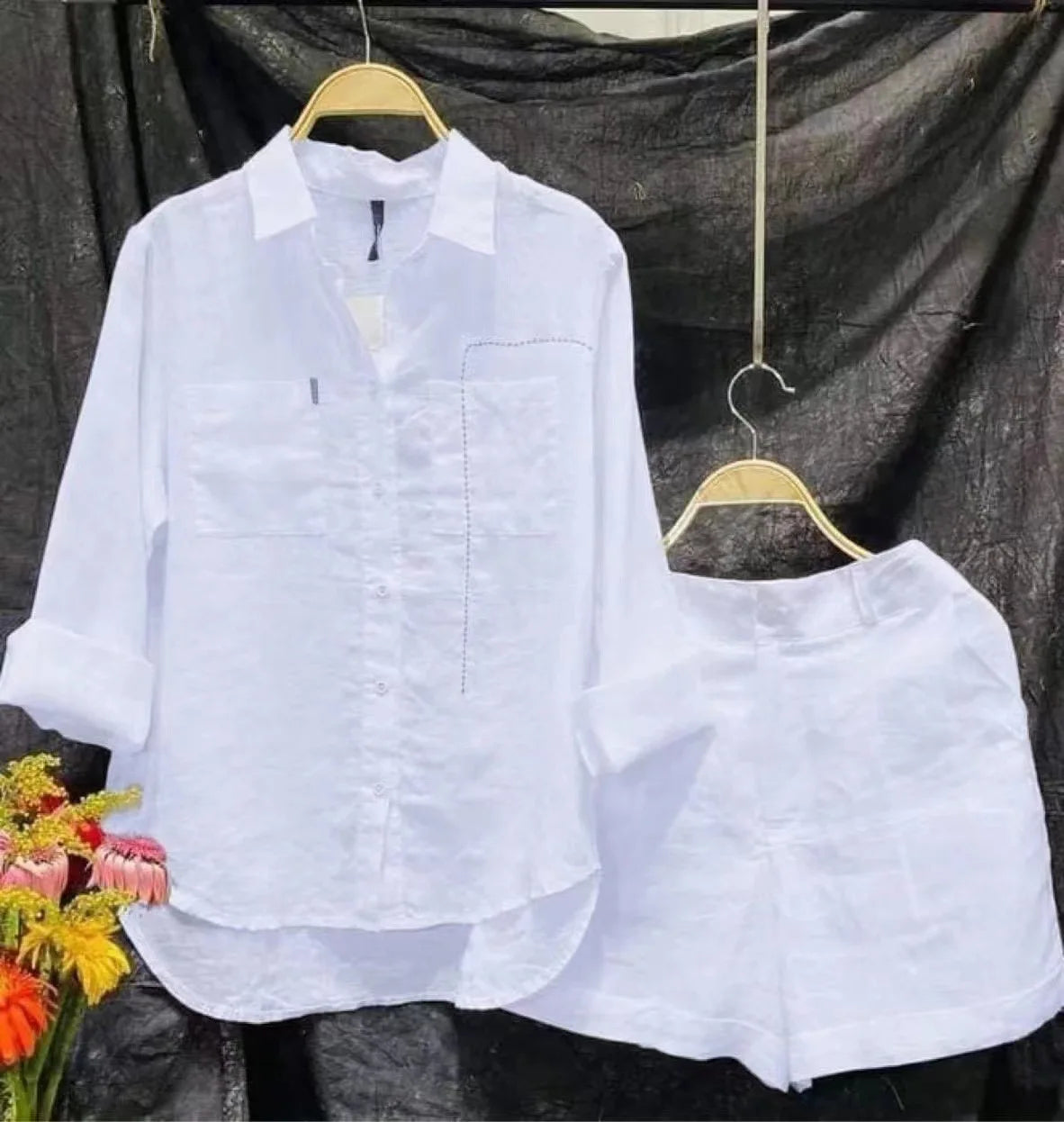 Cotton Linen Casual Shirt Two Piece Set For Women Shorts 2 Piece Sets Outfit Long Sleeve Short Sets