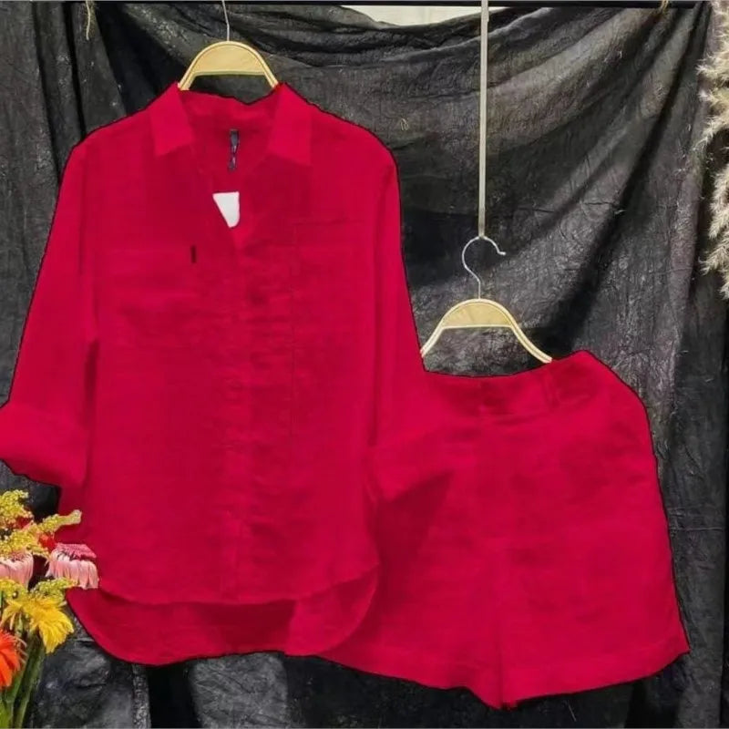 Cotton Linen Casual Shirt Two Piece Set For Women Shorts 2 Piece Sets Outfit Long Sleeve Short Sets