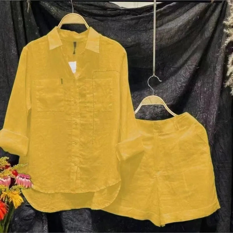 Cotton Linen Casual Shirt Two Piece Set For Women Shorts 2 Piece Sets Outfit Long Sleeve Short Sets