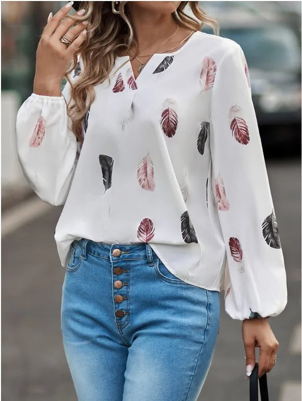 Plus Size Woman Blouse Shirts For Women Stylish Top long Sleeve Feathers