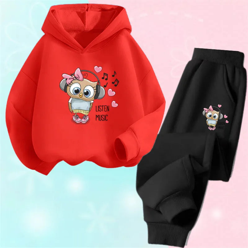 Children's Cute Owl Hoodie And Pants Set Toddler Girls Clothing Spring Autumn Print Sports Tracksuit Age 3-14