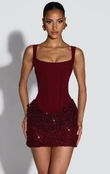 Sequin Suspender Solid Color Short Dress Women Sexy Sleeveless U-neck Slim Backless Dresses