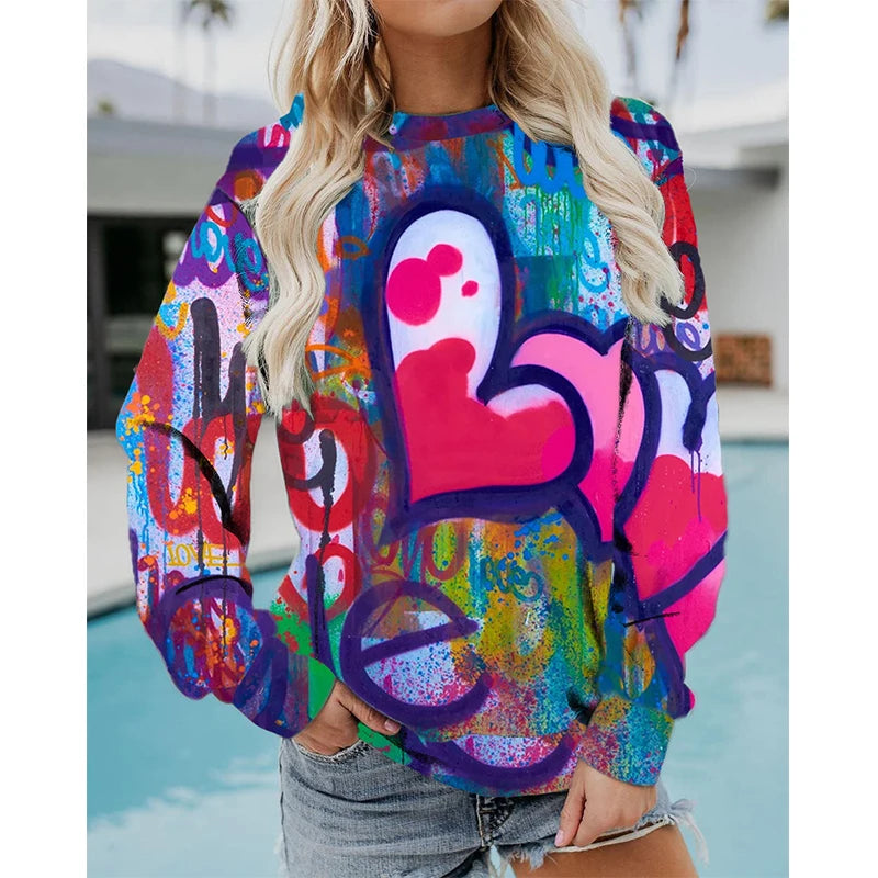 Colorful Heart Pattern Graffiti Art Love 3D Print Sweatshirts Women
