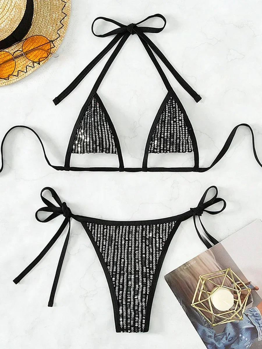 Shiny Sequins Halter Hollow Out Bikini  Female Thong Swimwear