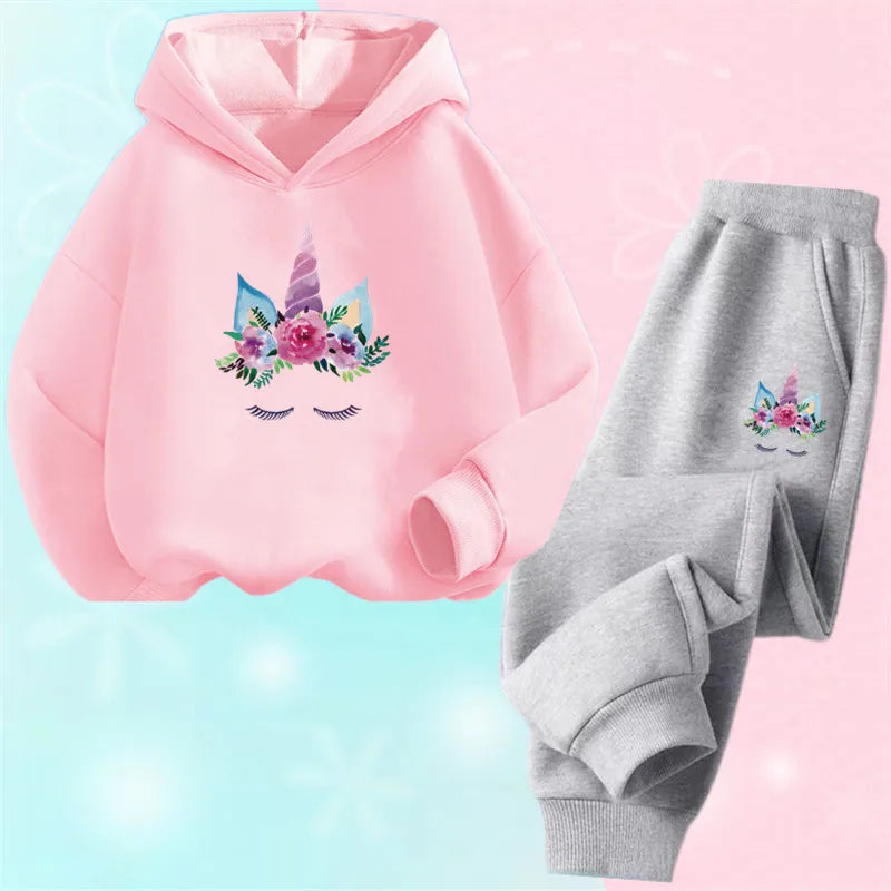 Girls Cartoon Unicorn Pony Hooded Cotton Suit Two-Piece Outfit Hoodie And Pants Set Spring Autumn Sport Clothes for Ages 3-14