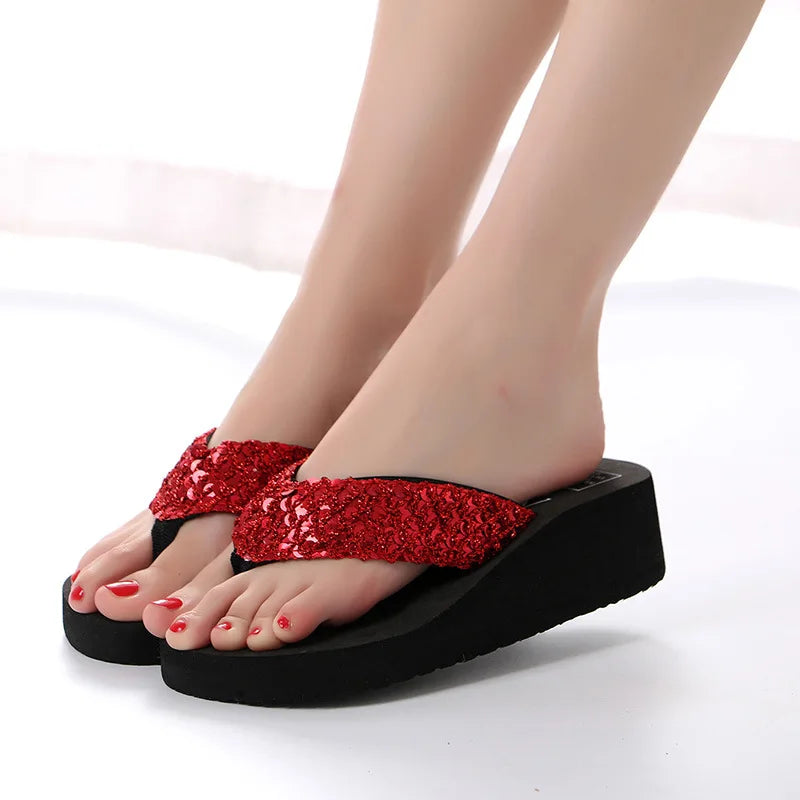 Women Summer Sandals Sequins Beach Female Flip Flops Ladies Slippers High Heels Shoes