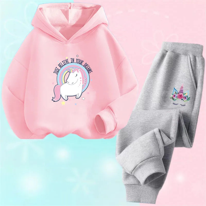 Girls Unicorn Sport Clothing Set Spring Fall Kids Fashion Tracksuit Hoody Sweatershirt Pants Outfit