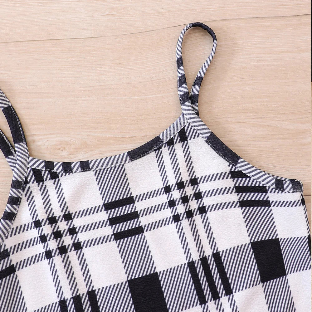 Children Fashion Long Sleeve Short Tops Plaid Cami Bodycon Dress Sets 5-14Y