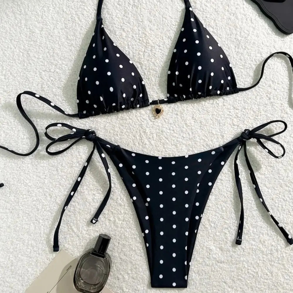 Sweet Y2k Polka Dot Print Sexy Women Strap Beach Swimsuit Bikini Set