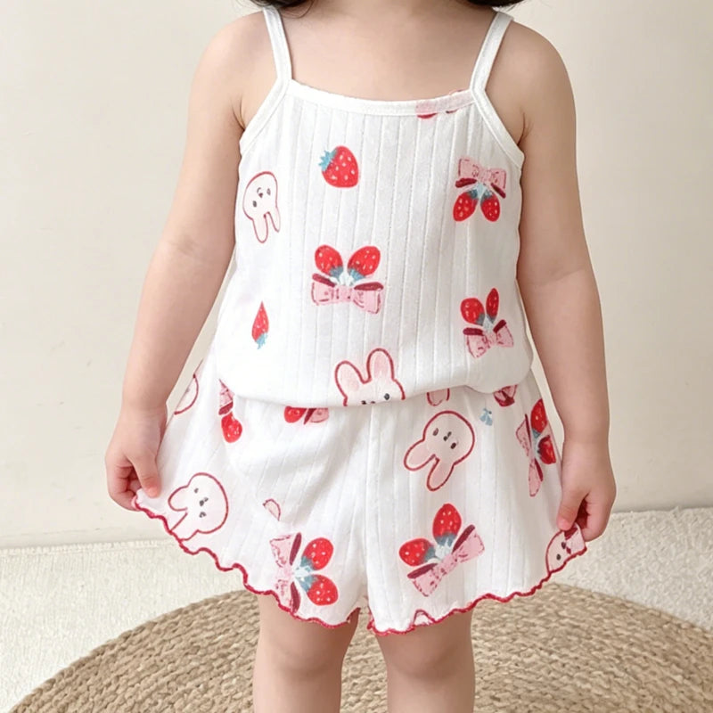 2pc Children's Summer Thin Strap Set Baby Shorts +tops Cotton Vest Girls