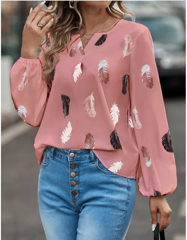 Plus Size Woman Blouse Shirts For Women Stylish Top long Sleeve Feathers