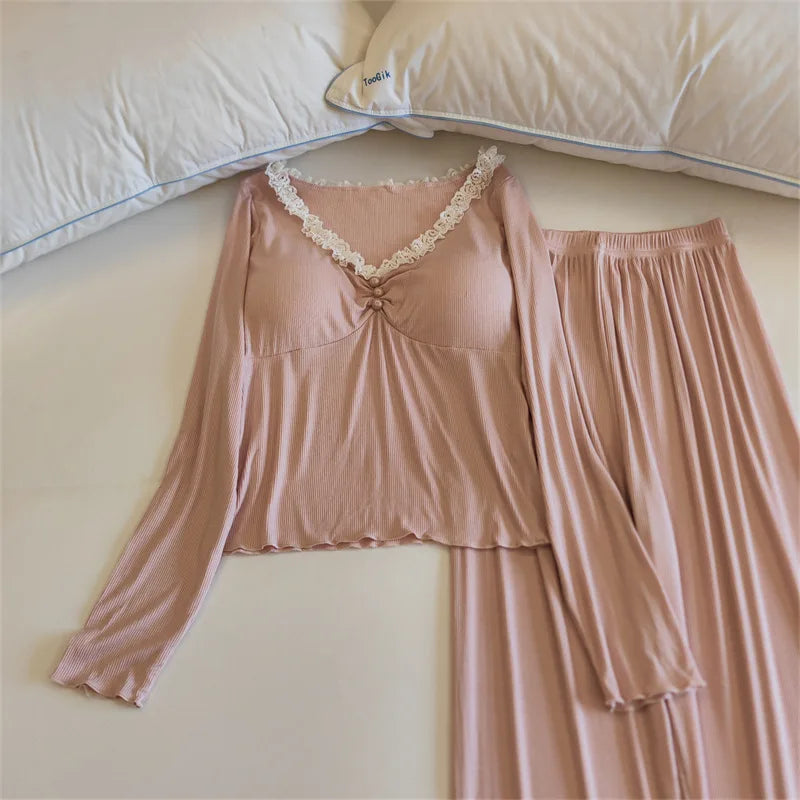 Modal Pajamas For Women Pants Sets Night Wear For Ladies Autumn Long Sleeve With Chest Cup Sleepwear Women's Home Suit