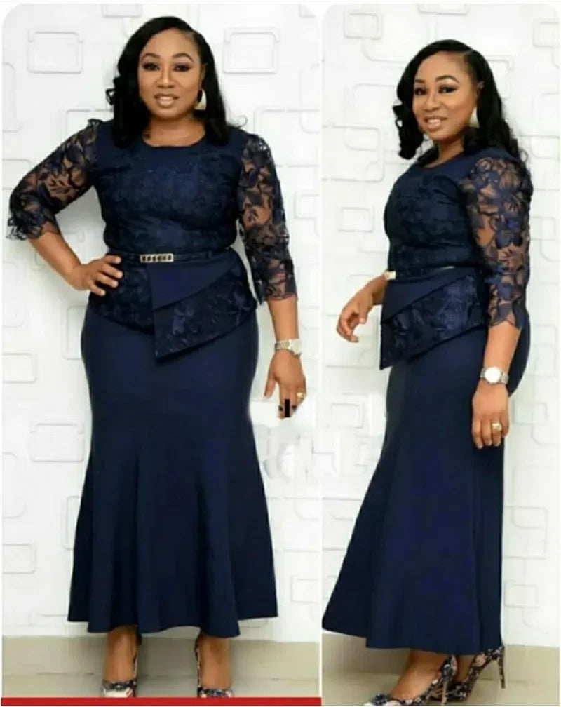 Women O Neck 3/4 Sleeve Long Maxi Dress Fashion Lace Patchwork Night Party Dress