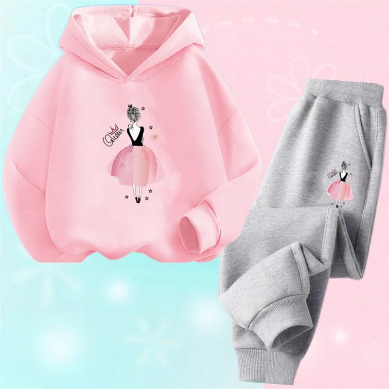 Girls Cartoon Unicorn Pony Hooded Cotton Suit Two-Piece Outfit Hoodie And Pants Set Spring Autumn Sport Clothes for Ages 3-14